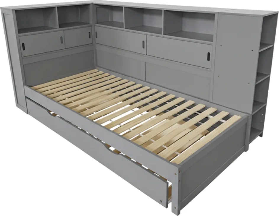 Ágy polcokkal és pótággyal, szürke, 90x200, LENDON