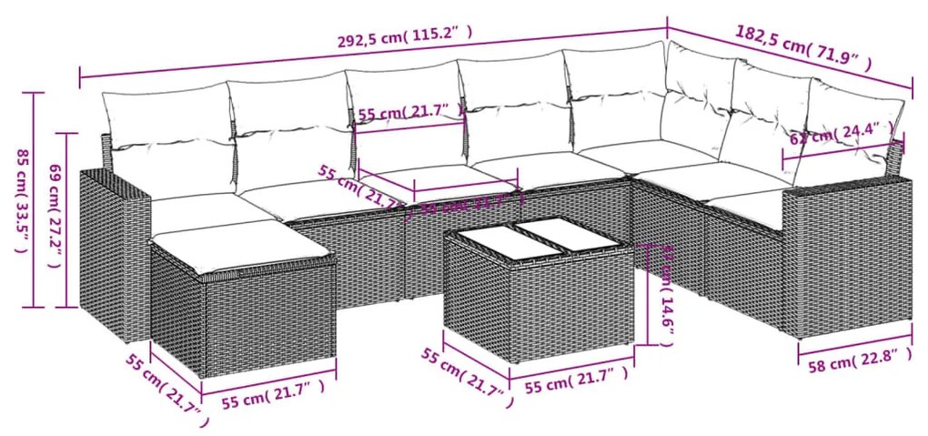 9 részes barna polyrattan kerti ülőgarnitúra párnákkal