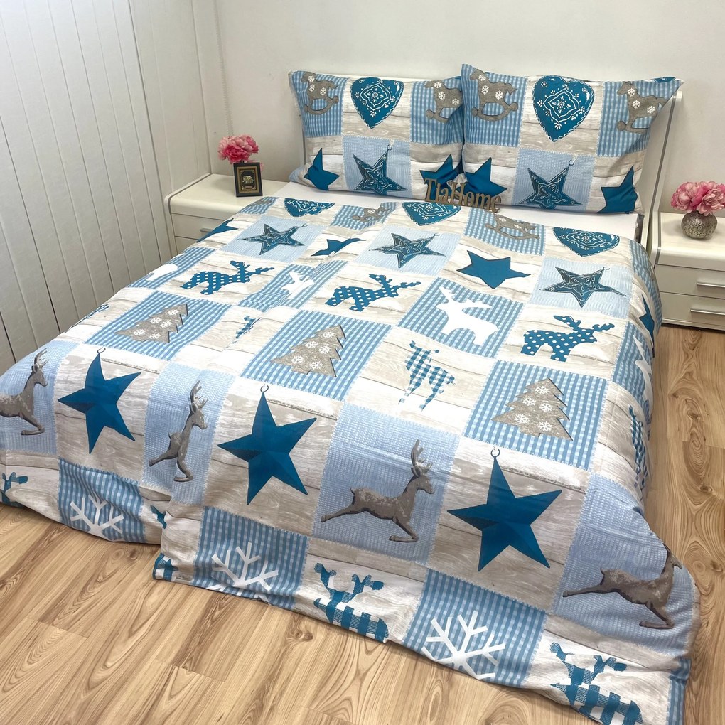 Pamut lepedők Karácsonyi Winter kék TiaHome - 1x Párna 90x70cm, 1x Paplan 140x200cm