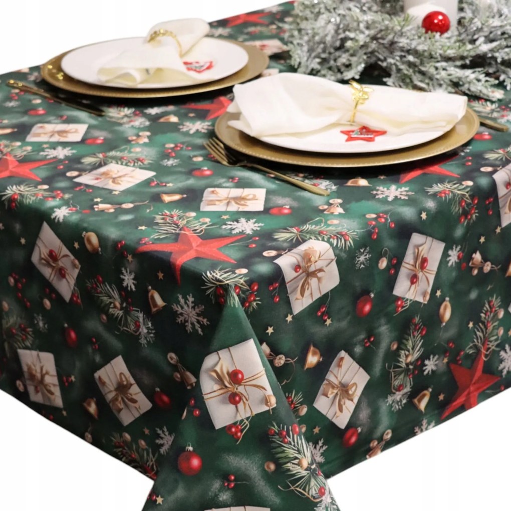 Abrosz Ünnepi asztalterítő Karácsonyra – Folttaszító, zöld karácsonyi mintával 450x140 cm