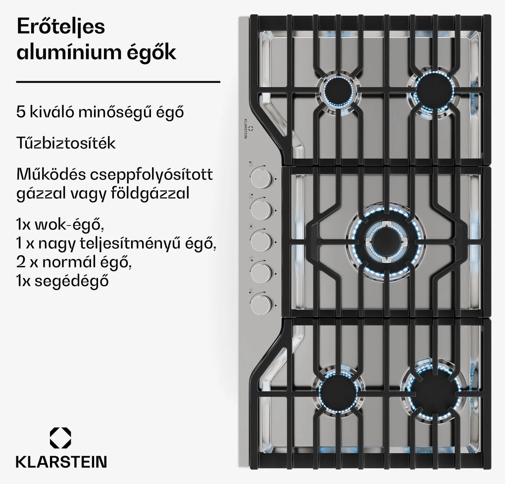 Klarstein Turbocast gáz főzőlap, 304 rozsdamentes acél, 5 égő, professzionális öntöttvas tartó, wok-égő