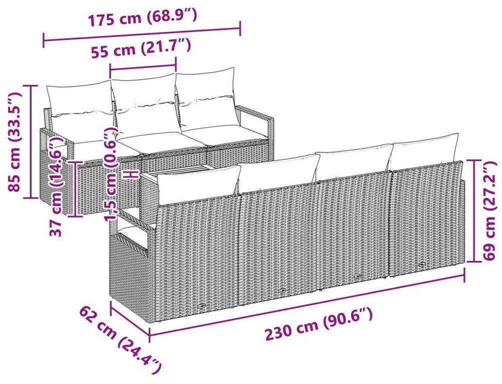 8 darabos kert kanapé szett párnákkal, fekete poli rattan akác, 2-személyes kert kanapé párnákkal, fekete poli rattan