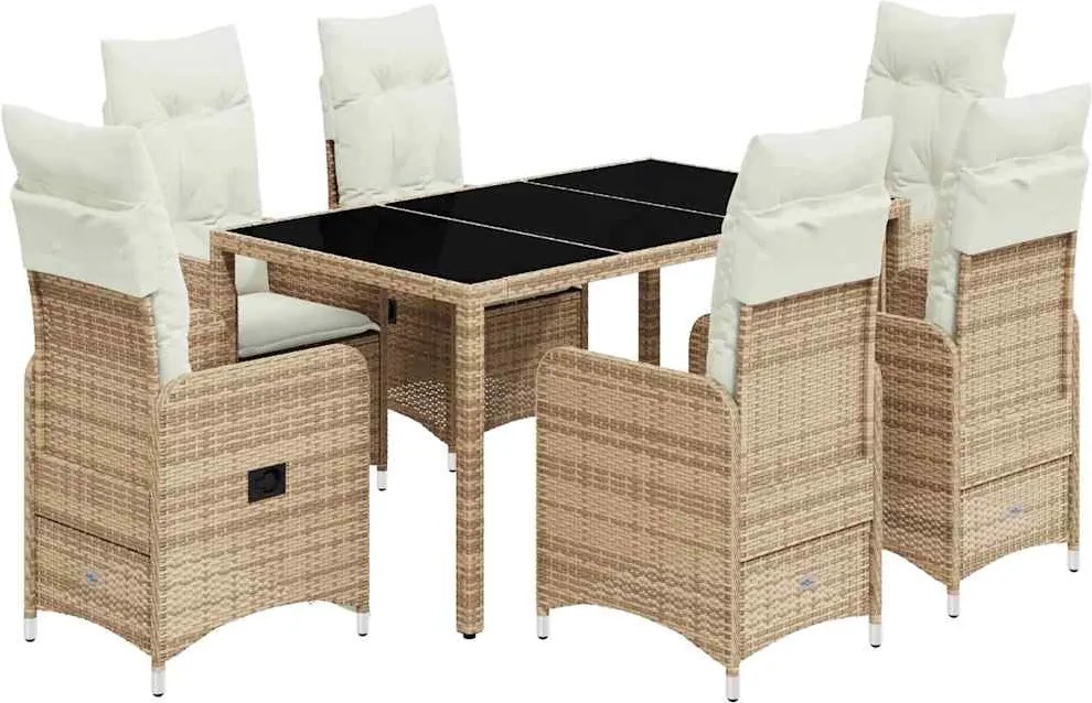 vidaXL 7 részes bézs polyrattan kerti bisztrógarnitúra párnákkal