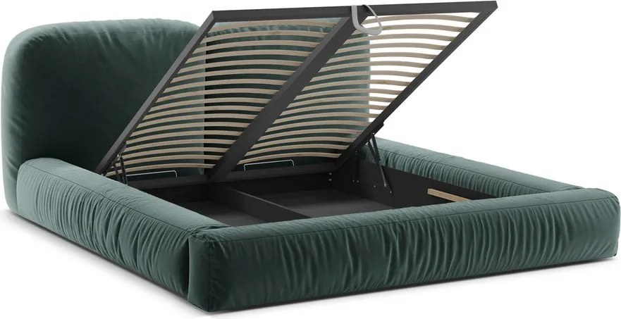 Petróleum színű kárpitozott ágyneműtartós franciaágy ágyráccsal 200x200 cm Martina – Micadoni