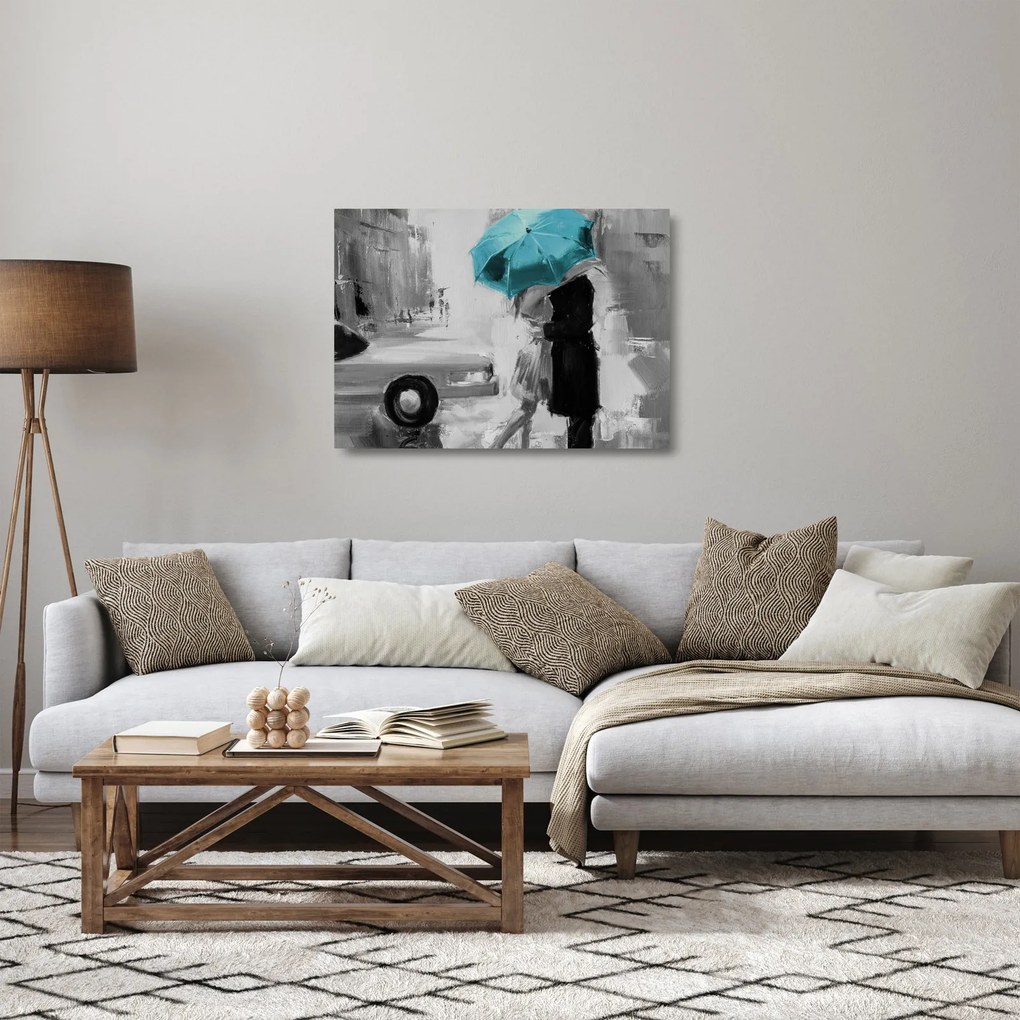 Üveg kép - Szerelmes pár esernyővel, kék (70x50 cm)