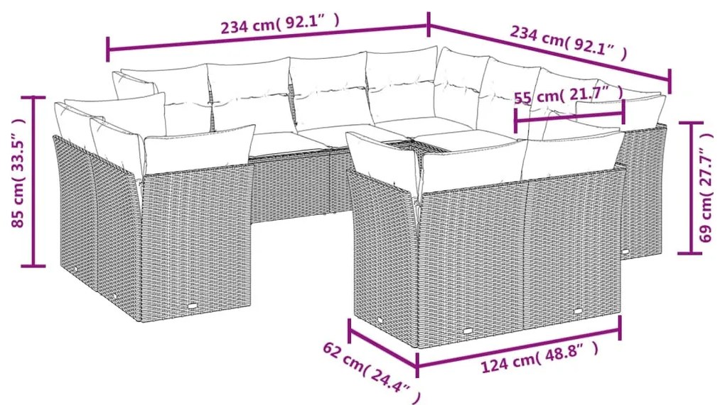 11 részes szürke polyrattan kerti ülőgarnitúra párnákkal