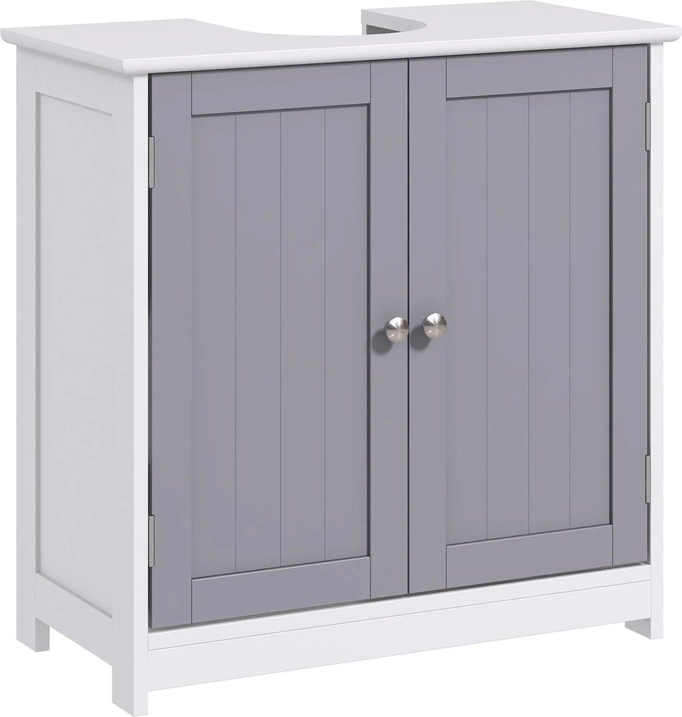 Kleankin Fürdőszoba Mosdószekrény - Mosdó egység - 2 ajtós szekrény polccal - méret: 60L x 30W x 60H cm - szürke-fehér fafurnérban | Aosom