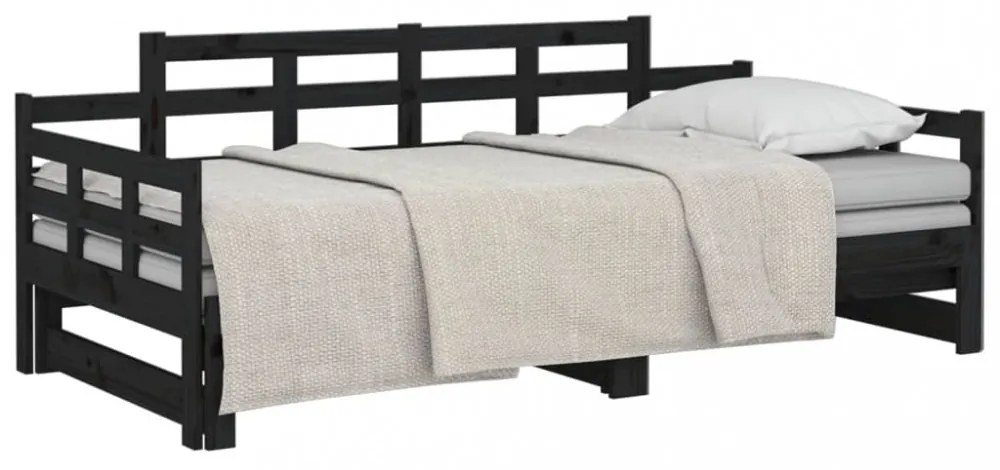 fekete tömör fenyőfa kihúzható kanapéágy 2 x (90 x 200) cm