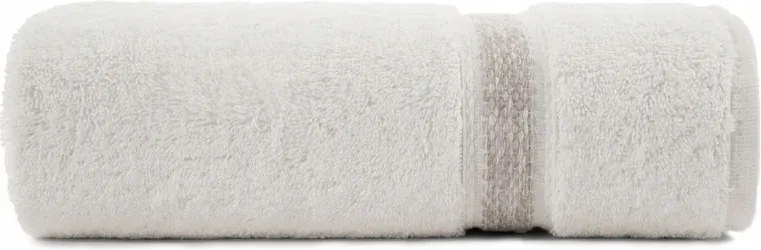 Törölköző 70x140 krémszínű, dekoratív bordűrrel, melange csíkkal 500 g/m2