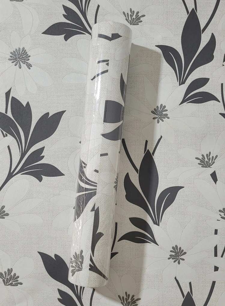 Fali tapéta, nagy virágok, ezüst csillámok, zsák utánzat, 13524-50