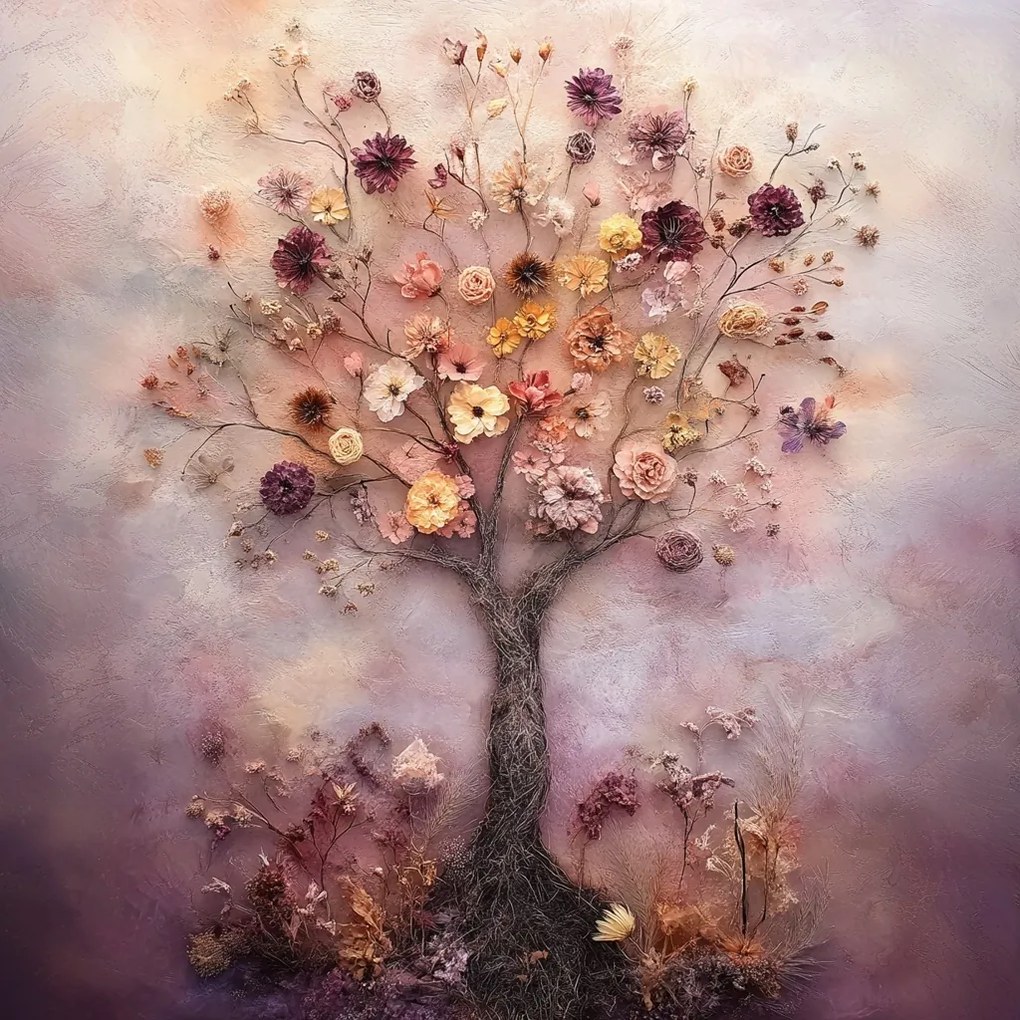 Vászonkép Canvas Dekoráció Szárított Virágok Filc Fa Boho 80x80