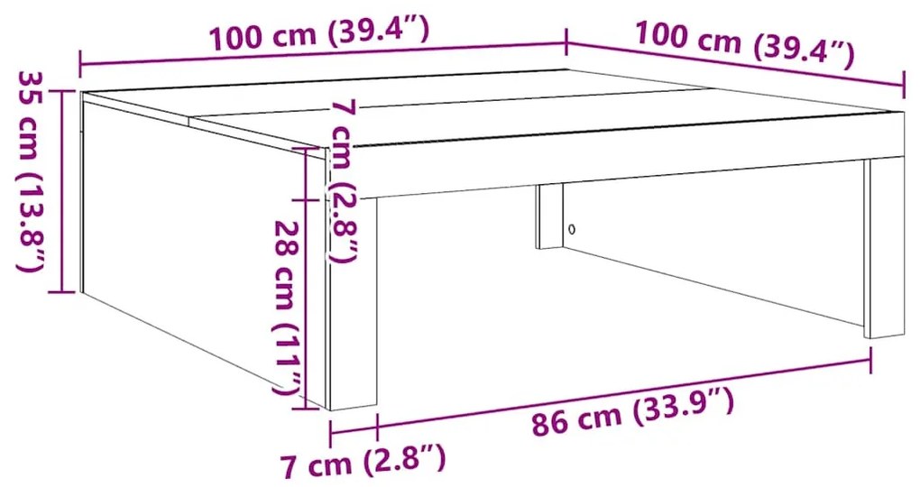kézműves tölgy színű szerelt fa dohányzóasztal 100 x 100 x 35cm