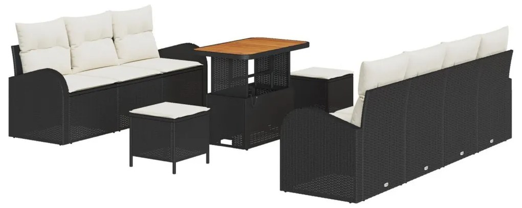 10 darabos kert kanapészett párnákkal fekete poli rattan akáciával, 2 személyes kert kanapé párnákkal fekete poli rattan, 3 darabos kert étkező szett párnákkal fekete poli rattan akáciával