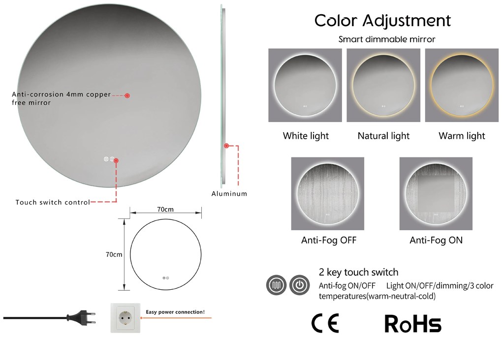 Erga Sofia, kerek LED tükör 70cm páramentes fűtőbetéttel, ERG-V01-207-7070