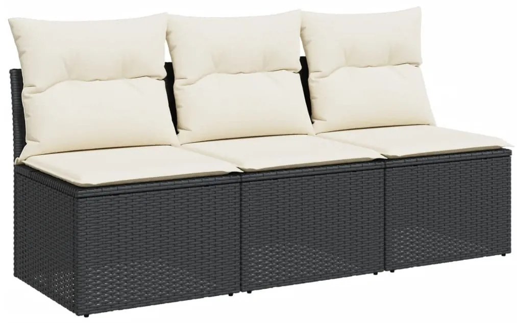 Fekete 3 személyes polyrattan kerti kanapé párnákkal