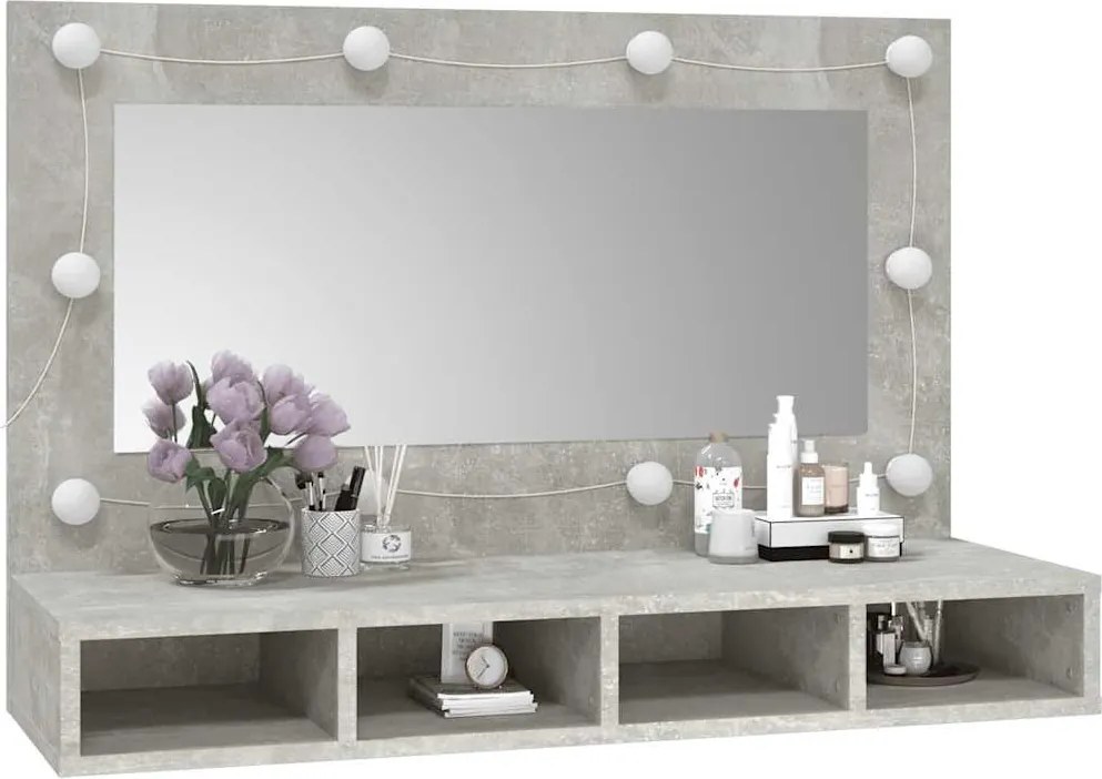 Betonszürke tükrös szekrény LED-ekkel 90 x 31,5 x 62 cm