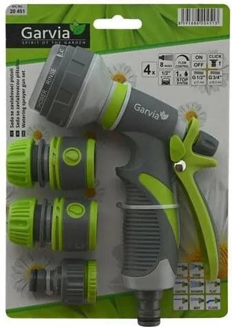 Garvia körkörös szórópisztoly 8 funkcióval és tartozékokkal, 4 db-os szett