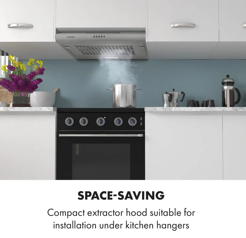 Klarstein Capannina, szekrény alá beépíthető páraelszívó, 60 cm, 166 m³/ó, LED, nemesacél, ezüst