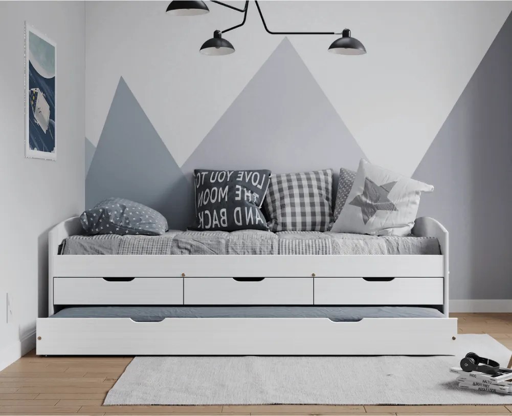 Ágy kihúzható pótággyal, fehér, tömörfa, 90x200, MARINELLA NEW