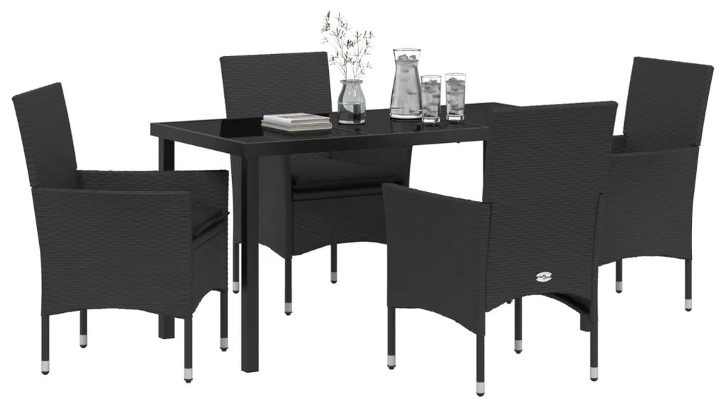 5 részes kerti étkezőszett párnákkal fekete polirattan, Kerti asztal fekete 140x80x73 cm edzett üveggel