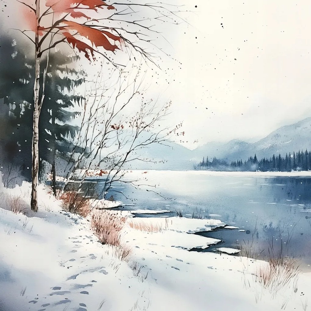 Vászonkép Canvas Tájkép Hegyek Tó Erdő Tél Hó Jég Fagy 80x80