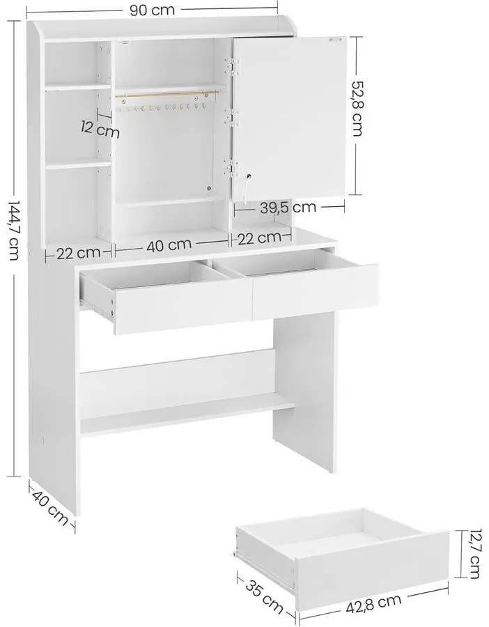 Fésülködőasztal LED világítással, fehér