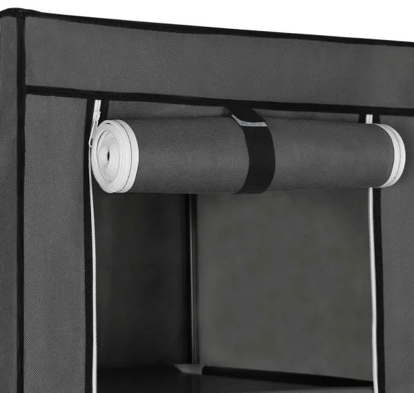 MATIS 150x175 cm tároló textilszekrény polcokkal és ruhatartó rúddal, szürke