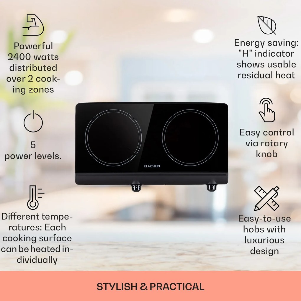 Klarstein Cookbuddy, főzőlap, 2400 W, 2 főzőlap, 5 teljesítményszint, üvegkerámia