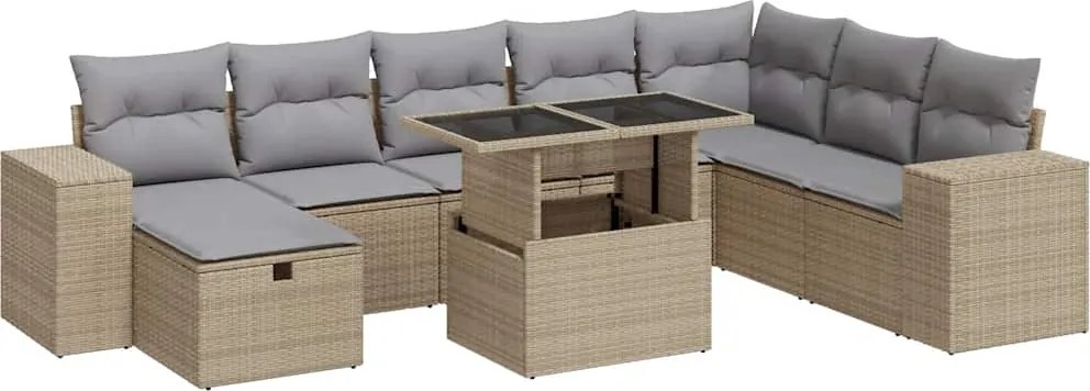 vidaXL 9 részes bézs polyrattan kerti ülőgarnitúra párnákkal