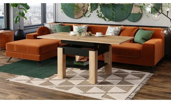 Átalakítható CALEB dohányzó/étkezőasztal emelhető lappal, tölgy craft/fekete