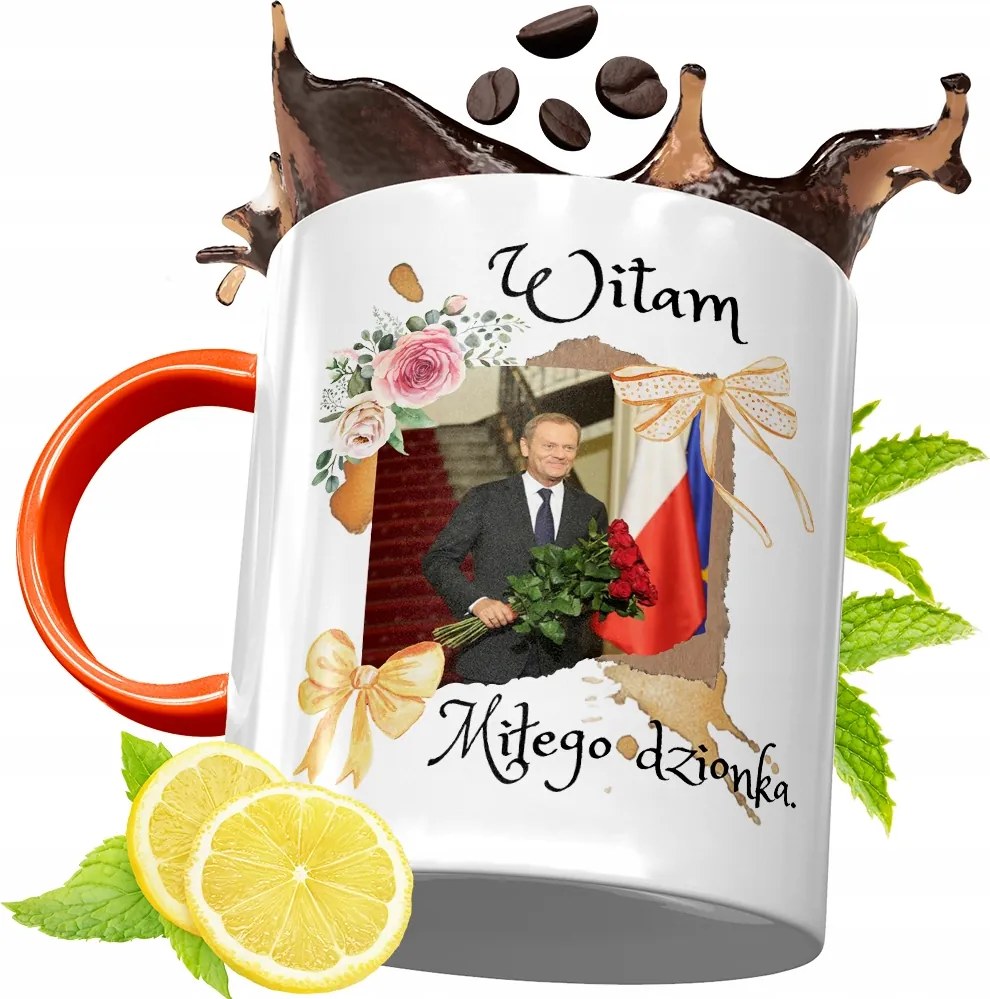 Donald Tusk Narancssárga Bögre Ajándék, fényképes nyomattal