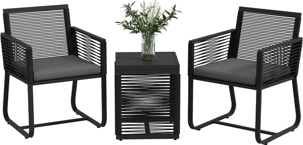 Outsunny 3 Részes Rattan Kerti Szett, Kültéri Lounge 2 Karosszékkel, Leválasztható Párnákkal és Fekete Üveg Kávézó Asztallal | Aosom