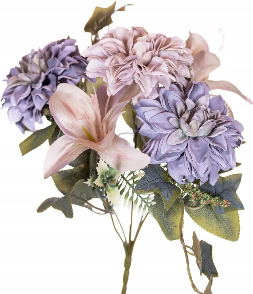 Dália csokor púderlila és liliom kiegészítőkkel