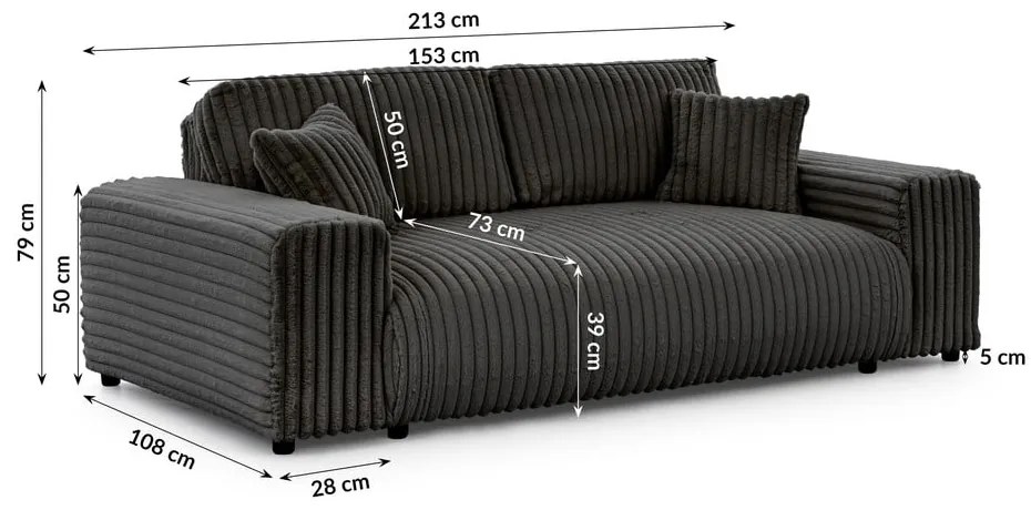 Sötétszürke kordbársony kanapé 213 cm Justin – Ropez