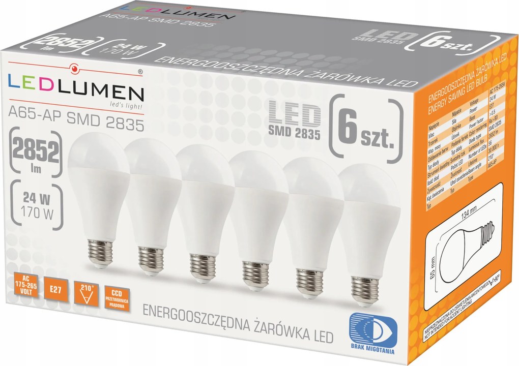 6 db-os Led izzó szett E27 24W=170W 2852lm 210° CCD A65 Nincs villódzás 3000K