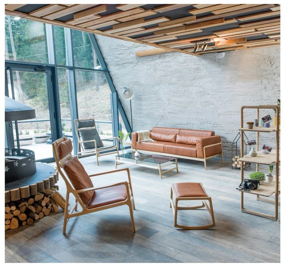 Fawn konyakbarna kanapé bivalybőrből, tömör tölgyfa szerkezettel, 210 cm - Gazzda