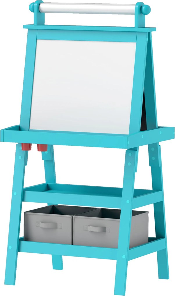 AIYAPLAY Gyermekek Kétoldalas Törölhető Fekete Tábla Papírtekercsel és 2 Tárolóedénnyel, mágneses Fehér Tábla, Fekete Színű Fa Festőállvány ajándéknak