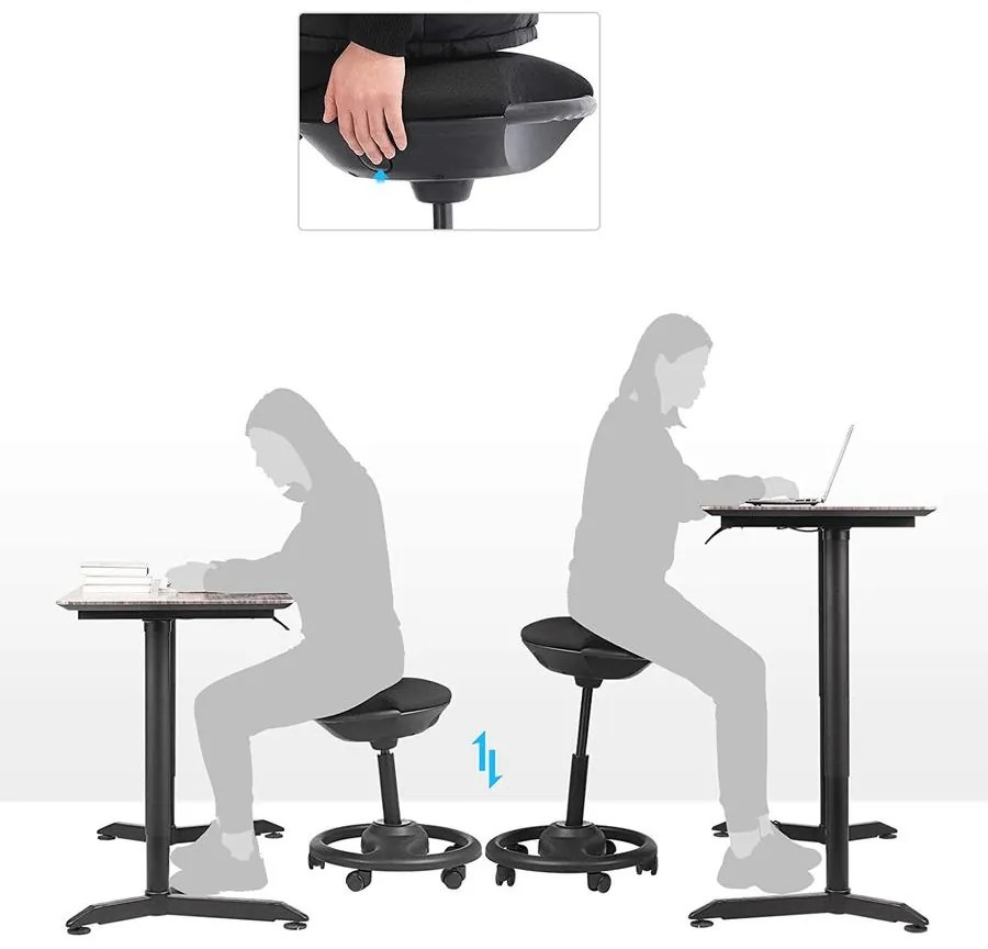 Magas szék, Ergonomikus munkaszék széles üléssel, 10°-os dőlésszög 50 x 55-73 cm, fekete