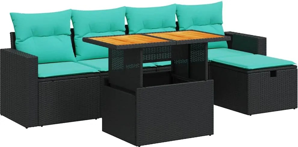 vidaXL 6 részes fekete polyrattan akácfa kerti ülőgarnitúra párnákkal