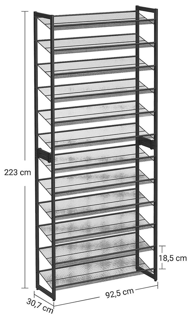 Egymásra rakható 12 szintes cipőtartó, állítható cipőspolc, fekete