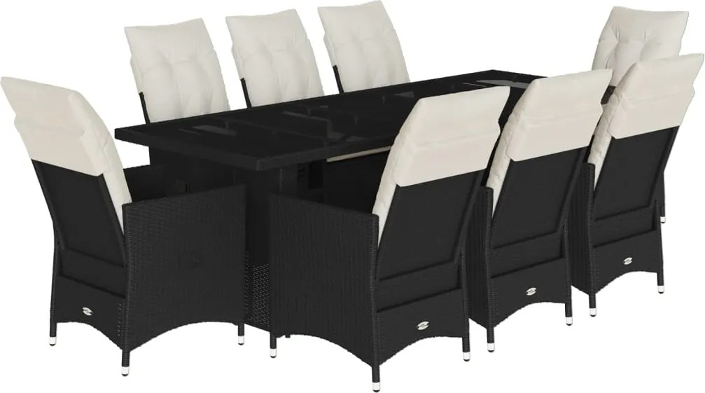 vidaXL 9 részes fekete polyrattan kerti bisztrógarnitúra párnákkal