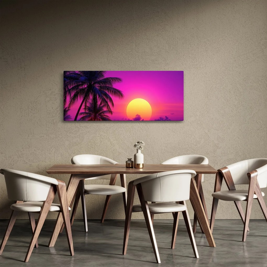 Kép - Lila naplemente pálmafával (120x50 cm)
