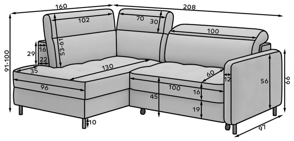 Kék bársony kinyitható-tárolóhelyes sarokkanapé (jobb oldali-L alakú) Barea – ELTAP