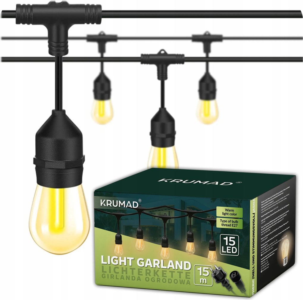 Kültéri Kerti Fényfüzér 15m Izzók 15x E27 Led Lámpák