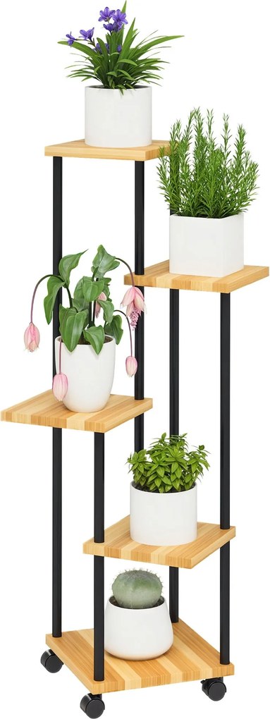 Outsunny 5-szintes Növénytartó, Beltéri és Kültéri Használatra, 4 Kerekes Növénytartó Acélból és Fából, Kertbe, Teraszra, Erkélyre, Nappaliba, Termész