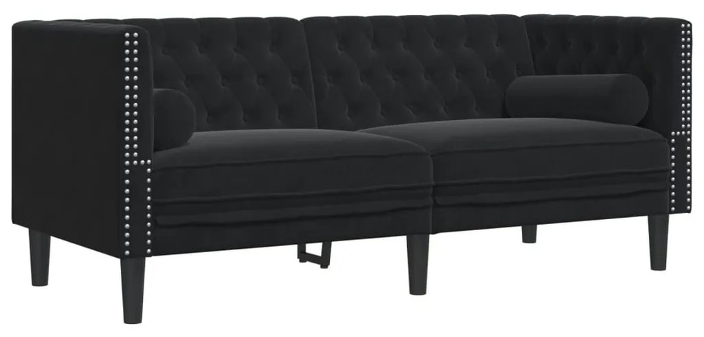 2 személyes fekete bársony Chesterfield kanapé hengerpárnákkal