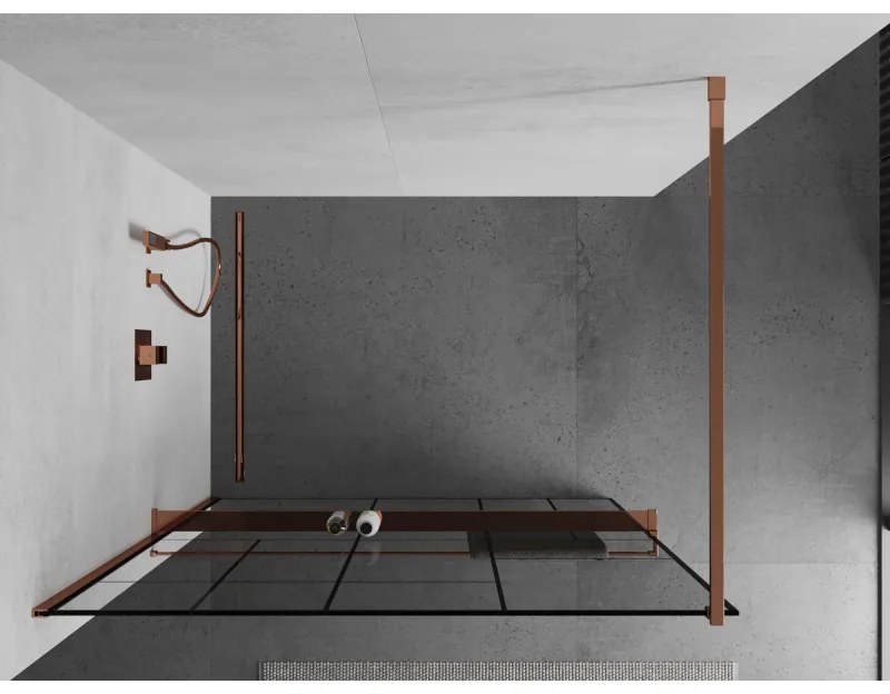 Mexen Kioto +, zuhanyparaván polccal és törölközőtartóval 80 x 200 cm, 8mm átlátszó üvegmintás fekete, rózsa arany profil, 800-080-121-60-78