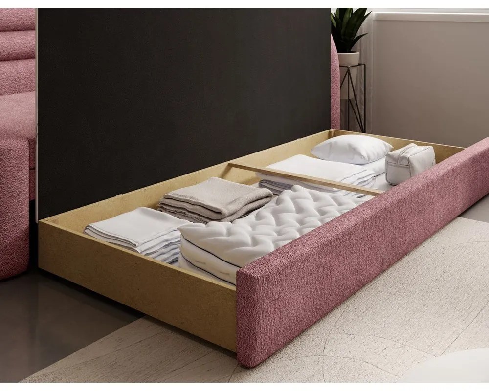 Rózsaszín zsenília kinyitható-tárolóhelyes kanapé jobb oldali 223 cm Fabillo – ELTAP