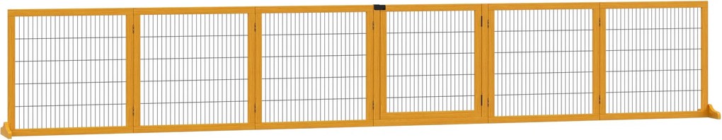 PawHut Állítható Kutyabiztosító Ajtó Barriér Lábakkal 432 x 70 cm Fa Kutyabiztosító Rács Összecsukható Lépcsőhöz, Ajtókhoz, Folyosókhoz, 6 Panel, Sárg