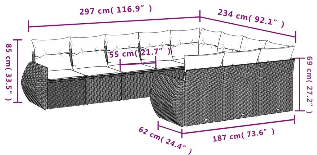 10 részes fekete polyrattan kerti ülőgarnitúra párnákkal